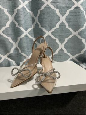 INC International Concepts Nude Patent Slingback kitten Heels with Crystal Bow